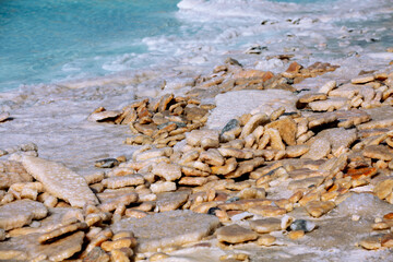Close-up of Dead Sea salt mineral natural formation crystals in Jordan