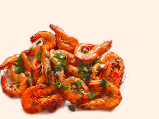 Grilled tiger shrimps isolated on white background with space for text, seafood style 