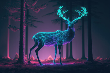 3d illustration of a stag with glowing antlers in a foggy forest