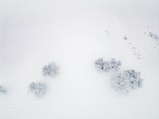 Aerial view, top down, land covered with a heavy blanket of snow