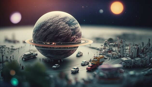  cars and people at outer space planet sightseeing landmark, concept idea of space travel background wallpaper, Generative Ai