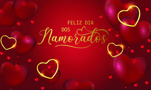cartão ou banner para desejar um feliz dia dos namorados em ouro sobre um fundo gradiente vermelho com balões em forma de corações vermelhos corações de ouro e cor vermelha