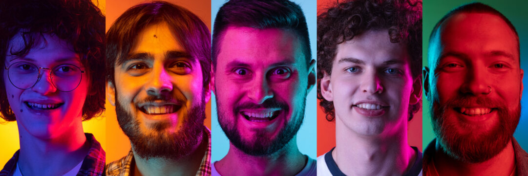 Collage made of happy smiling young men looking at camera with joyful facial expressions over multicolored background in neon light. Closeup portraits