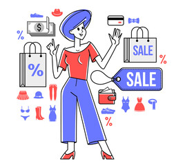 Shopping and discount vector outline illustration, store worker managing goods or customer have a big choice and enjoying cheap prices, adviser consultant.