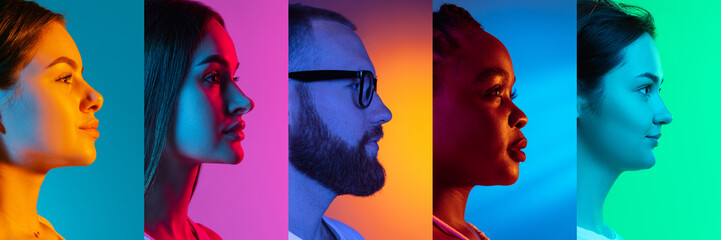 Collage of profile view faces of young men and women looking ahead over multicolored background in neon light. Concept of emotions, facial expression, fashion, beauty.