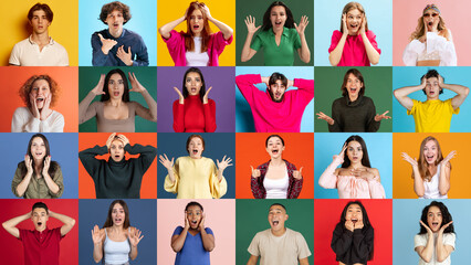 Human emotions. Collage of ethnically diverse people, men and women expressing different emotions over multicolored background. Team, job fair, ad concept