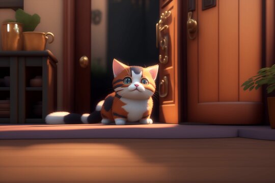 A cute cat is sitting in front of a door, awesome animation