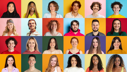 Human emotions. Collage of ethnically diverse people, men and women expressing different emotions over multicolored background. Team, job fair, ad concept - obrazy, fototapety, plakaty