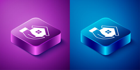 Isometric House in hand icon isolated on blue and purple background. Insurance concept. Security, safety, protection, protect concept. Square button. Vector