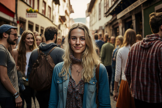 Young Adult Blond Woman On Vacation, Side Street With Many People Or Tourists, Fictional Place Like A European Country. Generative AI