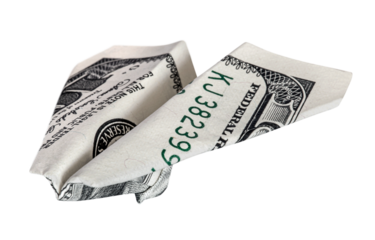 Business and finance concept. Money plane from dollar usa isolated (focus on left wing). png transparent