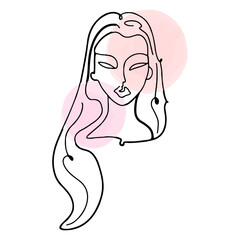 Simple, minimalist vector illustration of beautiful woman face. Line drawing With watercolor stains.