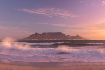 scenic view of table mountain tourist landmark in cape town south africa sunset on the beach