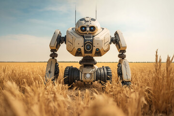 Obraz premium harvesting robot, an autonomous vehicle for management in a grain field in agriculture, commercial vehicle robot with artificial intelligence. Generative AI