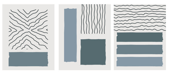 Collection of modern simple abstractions in gray shades, geometric shapes (squares) and lines are hand-drawn on a colored background