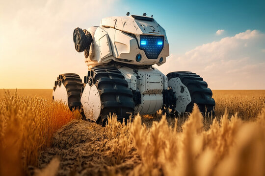 harvesting robot, an autonomous vehicle for management in a grain field in agriculture, commercial vehicle robot with artificial intelligence. Generative AI