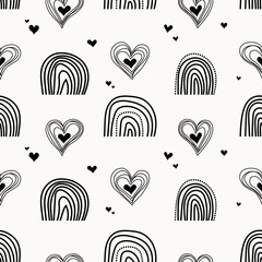 Seamless pattern design with hand drawn hearts and rainbows, black and white