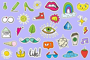 Cute Colorful Modern Patch Set. Fashion patches. Cartoon 80's - 90's style.