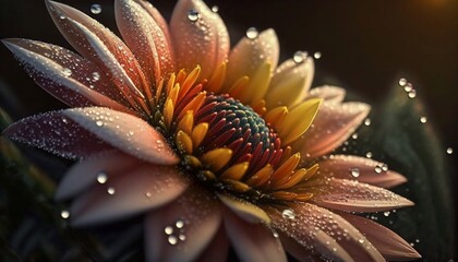 Fototapeta premium Close-up of a wet flower, dew covers the flower. Generative AI.