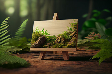 Empty 3D nature wooden stand and Empty mockup, herbal background, Copy space banner for text, Generative AI.