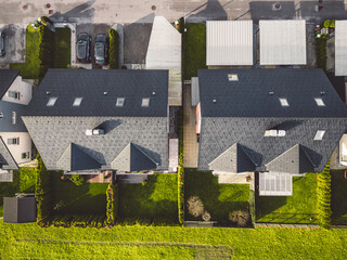Top down view of suburban family homes, two duplex houses next to each other