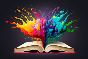 Open book with color splashes. Illustration showing creating ideas and knowledge people get from books. Generative AI