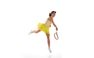 Fototapeta na wymiar Studio shot of professional young female tennis player in sports uniform training with tennis racket isoltaed over white background. Concept of skills, sport, fashion, ad
