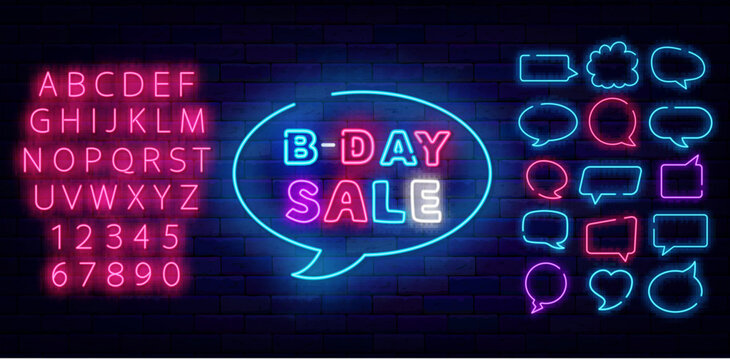 Bday sale neon label on brick wall. Speech bubbles frames set. Birthday special offer. Vector stock illustration