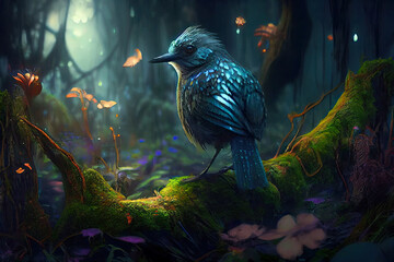  Fantasy bird in fairy tale deep forest. Generative ai - obrazy, fototapety, plakaty