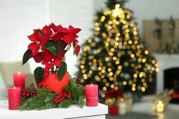 Potted poinsettia, burning candles and festive decor on white dresser in room, space for text....