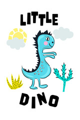 Little Dino dinosaur inscription, cute print design, funny hand drawn doodle, cartoon alligator. Good for Poster or t-shirt textile graphic design. Vector hand drawn illustration.