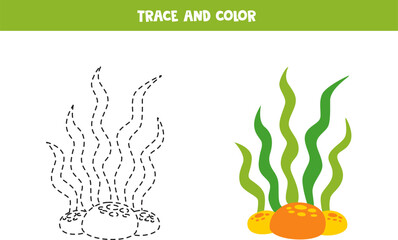 Trace and color cartoon sea weed. Worksheet for children.