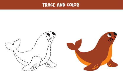Trace and color cartoon cute sea lion. Worksheet for children.