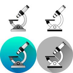 Optical Microscope Single Lens Laboratory Equipment Icon, Set of Flat Diagonal Shadow, Color, Black-White Silhouette, Line Art Logo Icon Symbol Isolated on White Background for Science Medical