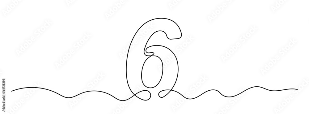 Poster number 6 in continuous line drawing style. line art of number six. vector illustration. abstract dra