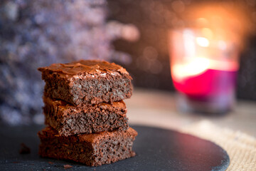 Dark chocolate brownies stack, lavender flowers