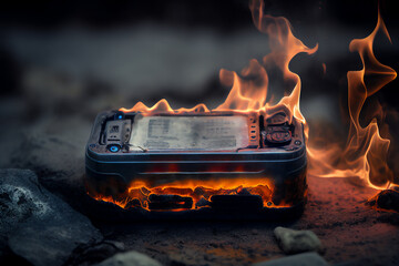 Lithium battery which has caught fire and exploded due to overheating of a poorly manufactured product which could be a safety hazard to a user, computer Generative AI stock illustration - obrazy, fototapety, plakaty