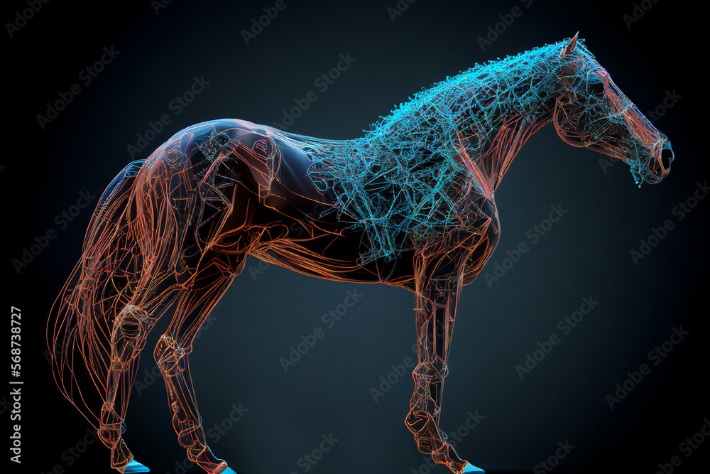 Wall mural neural network of a horse with big data and artificial intelligence circuit board in the body of the