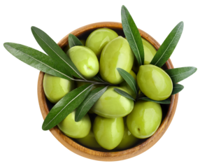 Delicious green olives with leaves in a wooden bowl cut out