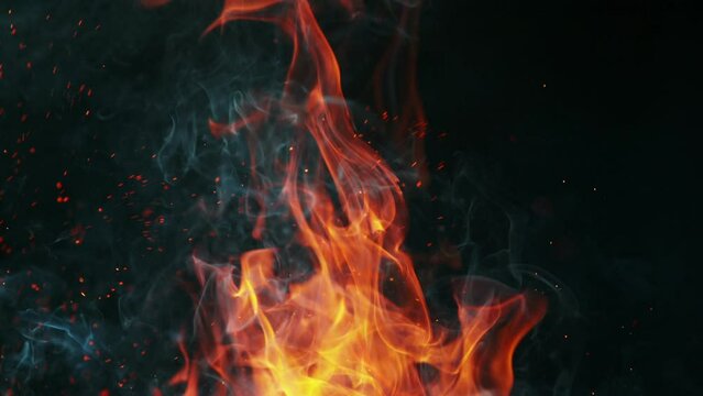 Super slow motion of fire isolated on black background. Filmed on high-speed cinema camera,  1000fps.