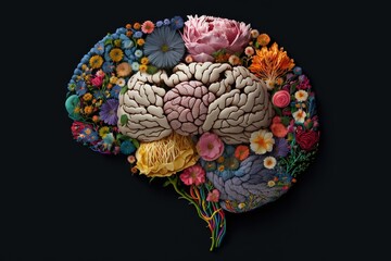 Brain fill up with colorful flowers. Positive healthy mind concept. Generative AI