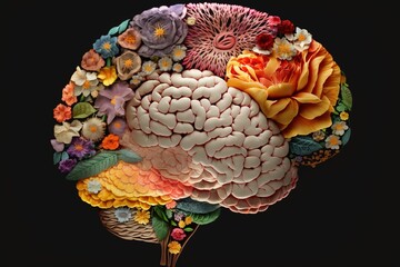Brain fill up with colorful flowers. Positive healthy mind concept. Generative AI