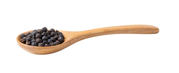Black pepper in wood spoon isolated on transparent png
