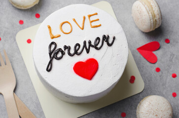 Cake for Valentine's Day, Mother's Day, or Birthday, Romantic Bento Cake for Two and Macarons on Grey Background