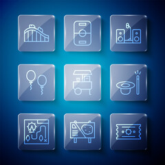Set line Amusement park map, billboard, Ticket, Home stereo with two speakers, Fast street food cart, Balloons, Roller coaster and Magic hat and wand icon. Vector