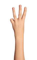 Fototapeta premium Woman showing three fingers on white background, closeup of hand