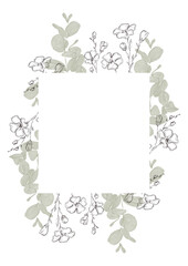 Floral frame with watercolor and line art plants and herbs.  Flax plant flowers and eucalyptus branches frame