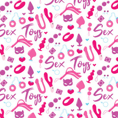 Seamless pattern with sex toys. Print for sex shop. Pattern with sex toys. Vector illustration. Flat style.