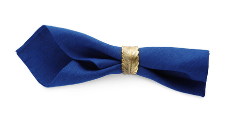 Napkin with decorative ring for table setting isolated on white, top view