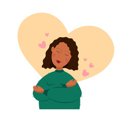 A dark-skinned girl hugs herself against the background of a heart. Self-love. Cute girl in a warm sweater in a flat style.